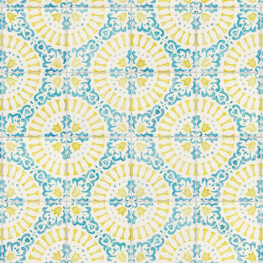 【サンプル】貼ってはがせる 床リメイクシート「Hatte me Floor (ハッテミーフロア)」KKアンティークタイル柄 FL-ATKK-01 レモン x ブルー 【1020】