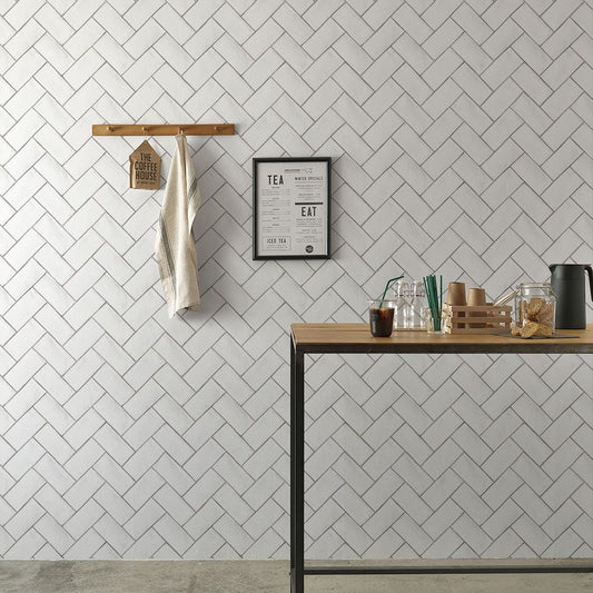 貼ってはがせる シール壁紙 「Hatte me! (ハッテミー)」 リメイクシート ヘリンボーンタイル柄 (65cm×1mサイズ) HBTL-01 / ホワイト