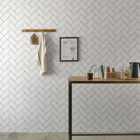 貼ってはがせる シール壁紙 「Hatte me! (ハッテミー)」 リメイクシート ヘリンボーンタイル柄 (65cm×2.6mサイズ) HBTL-01 / ホワイト