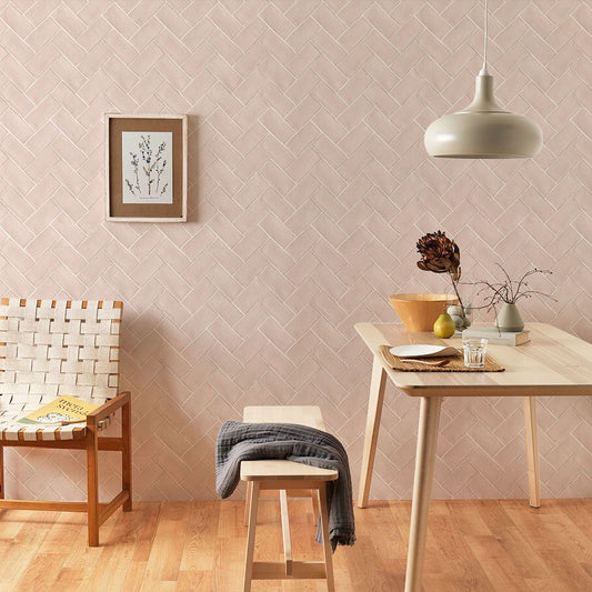 貼ってはがせる シール壁紙 「Hatte me! (ハッテミー)」 リメイクシート ヘリンボーンタイル柄 (65cm×2.6mサイズ) HBTL-04 / コーラル