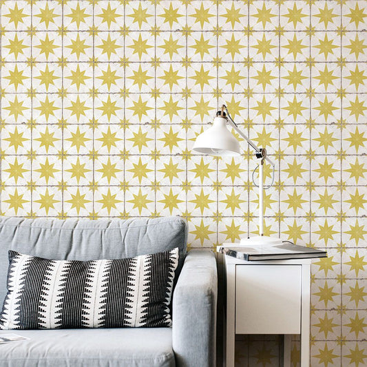 貼ってはがせる シール壁紙 「Hatte me! (ハッテミー)」 リメイクシート レトロタイル柄 (65cm×1mサイズ) RTST-03 / ステラ イエロー