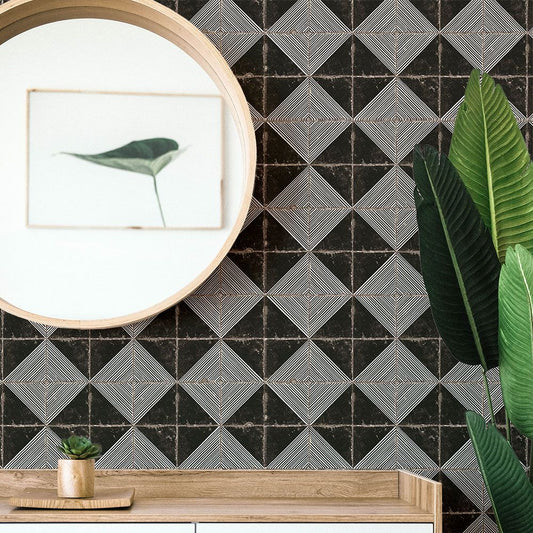 貼ってはがせる シール壁紙 「Hatte me! (ハッテミー)」 リメイクシート レトロタイル柄 (65cm×1mサイズ) RTWG-01 / ウィルガ ブラック