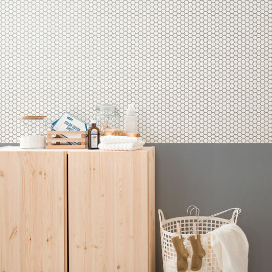 貼ってはがせる シール壁紙 「Hatte me! (ハッテミー)」 リメイクシート ヘキサモザイク柄 (65cm×2.6mサイズ) HMOS-02 グレー目地