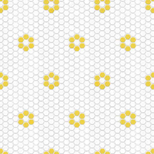 【サンプル】貼ってはがせる 床リメイクシート「Hatte me Floor (ハッテミーフロア)」ヘキサモザイク / ホワイト×イエローお花