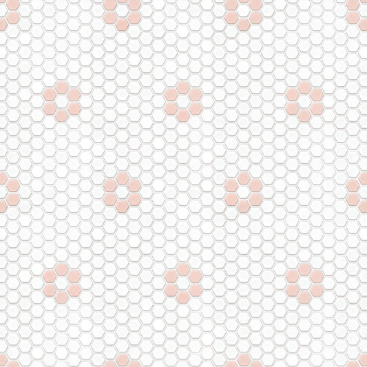 【サンプル】貼ってはがせる 床リメイクシート「Hatte me Floor (ハッテミーフロア)」ヘキサモザイク / ホワイト×ピンクお花