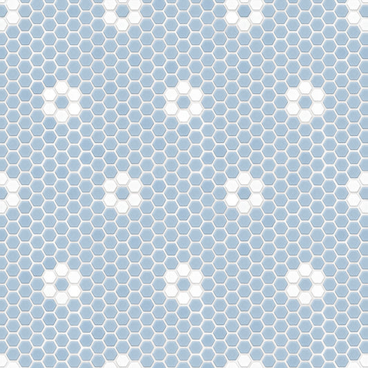 【サンプル】貼ってはがせる 床リメイクシート「Hatte me Floor (ハッテミーフロア)」ヘキサモザイク / ペールブルーお花