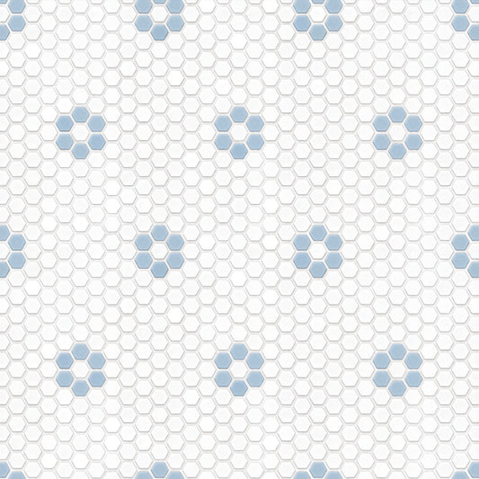 【サンプル】貼ってはがせる 床リメイクシート「Hatte me Floor (ハッテミーフロア)」ヘキサモザイク / ホワイト×ペールブルーお花