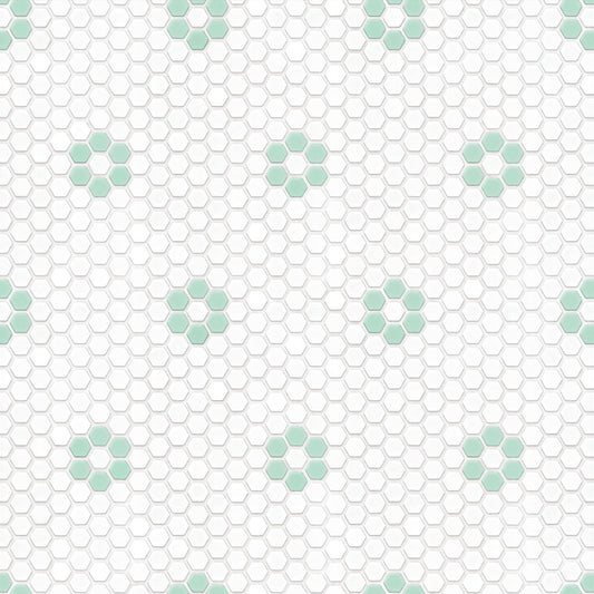 【サンプル】貼ってはがせる 床リメイクシート「Hatte me Floor (ハッテミーフロア)」ヘキサモザイク / ホワイト×ミントお花