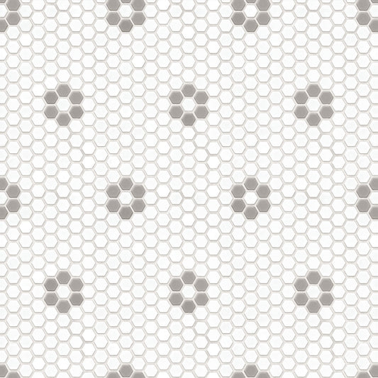 【サンプル】貼ってはがせる 床リメイクシート「Hatte me Floor (ハッテミーフロア)」ヘキサモザイク / ホワイト×グレーお花