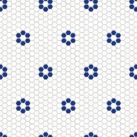 【サンプル】貼ってはがせる 床リメイクシート「Hatte me Floor (ハッテミーフロア)」ヘキサモザイク / ホワイト×マリンブルーお花