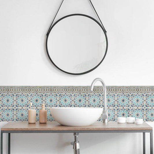 水はね防止シート モロッカンタイル アズラク MBS-VT08(25cm×1.3m)貼ってはがせる Hatte me! (ハッテミー) 横長サイズ