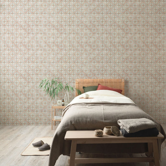 貼ってはがせる シール壁紙 「Hatte me! (ハッテミー)」 リメイクシート KKアンティークタイル柄 (65cm×1mサイズ) ATKK-03 グレー x トマト