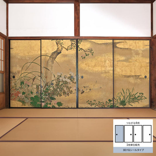 ふすまリメイクシート 拭けるシールタイプ つながる4柄 渡辺始興 四季花木図屏風 A (約185cm×100cm)