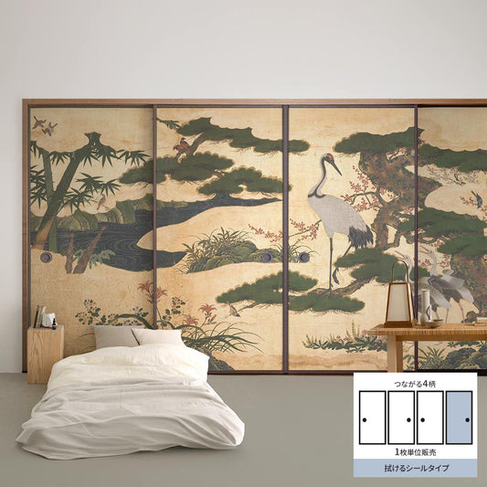 ふすまリメイクシート 拭けるシールタイプ つながる4柄 四季花鳥図屏風 D (約185cm×100cm)