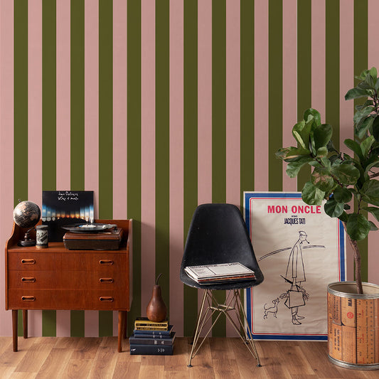 はがせる壁紙 のりなしタイプ ロンドンストライプW3 (49cm×3mサイズ) NKH-LS308 モスグリーン×ピンク