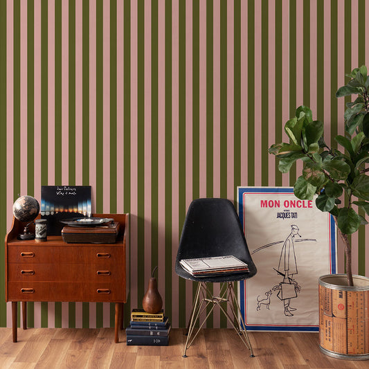 はがせる壁紙 のりなしタイプ ロンドンストライプW6 (49cm×3mサイズ) NKH-LS608 モスグリーン×ピンク