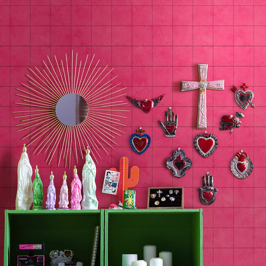 貼りやすいフリース壁紙(のりなし) メキシカントーンタイル (49cm×2.5mサイズ) NKH-MT03 メキシカンピンク