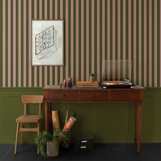 はがせる壁紙 のりなしタイプ ストライプ切り替えパネル (49cm×2.5mサイズ) NKH-SPK04 モスグリーン×ピンク