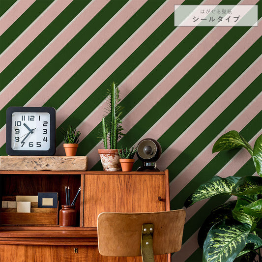 はがせる壁紙 シールタイプ アイビーストライプE (49cm×3mサイズ) TKH-ASE01 グリーン×ピンク