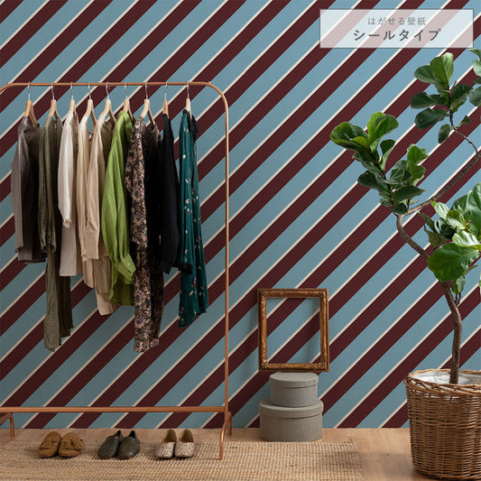 はがせる壁紙 シールタイプ アイビーストライプE (49cm×3mサイズ) TKH-ASE02 サックス×ワイン
