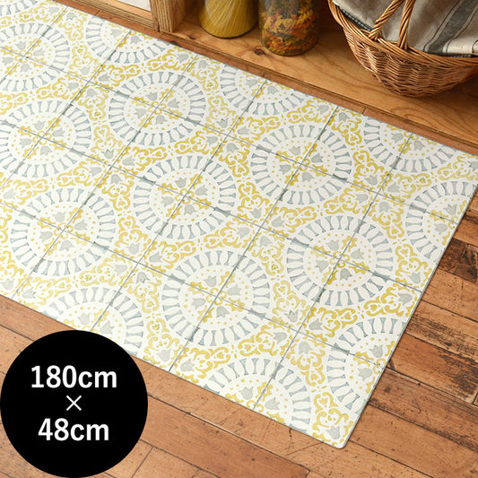 オリジナルキッチンマット 「Sheete me ! (シーテミー)」 180cm×48cm アンティークタイル ライトグレー × イエロー