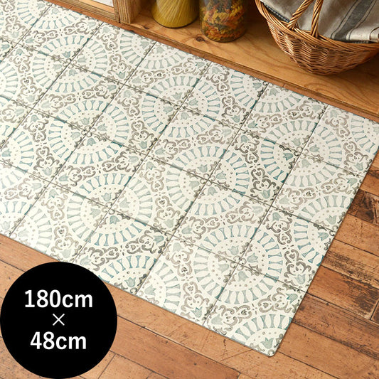 オリジナルキッチンマット 「Sheete me ! (シーテミー)」 180cm×48cm アンティークタイル アクアマリン × ストーン