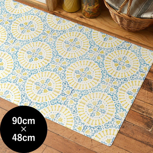 オリジナルキッチンマット 「Sheete me ! (シーテミー)」 90cm×48cm アンティークタイル レモン x ブルー