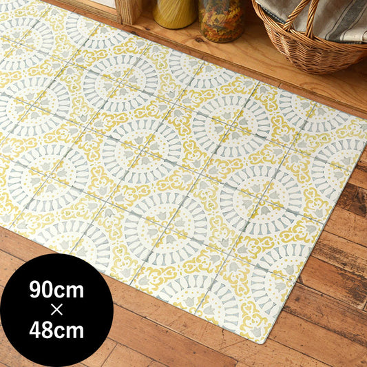 オリジナルキッチンマット 「Sheete me ! (シーテミー)」 90cm×48cm アンティークタイル ライトグレー × イエロー