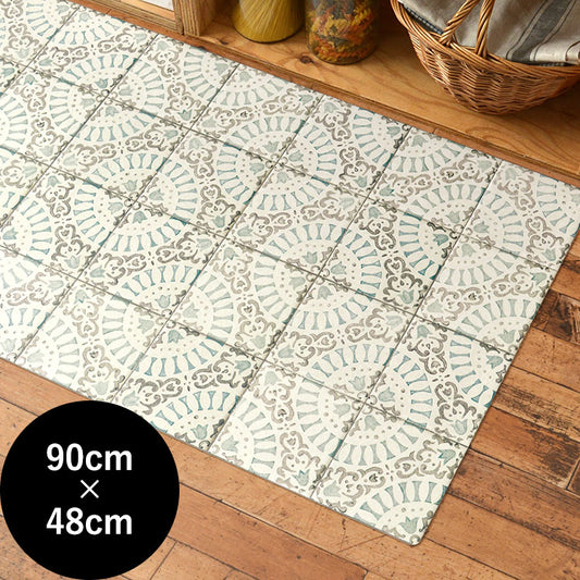 オリジナルキッチンマット 「Sheete me ! (シーテミー)」 90cm×48cm アンティークタイル アクアマリン × ストーン