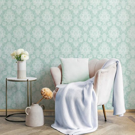 はがせる壁紙 のりなしタイプ Mon Sucrier ダマスク・レース マダムポンパドール (49cm×3mサイズ) NMS-MP01 エメラルド