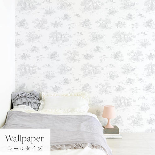 はがせる壁紙 シールタイプ Mon Sucrier トワル柄 トワル・ガーデン (49cm×2.5mサイズ) TMS-TG03 ミスト