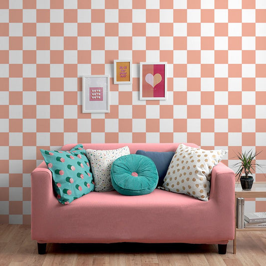 はがせる壁紙 のりなしタイプ What's poppin? チェッカー L (49cm×3mサイズ) サーモン