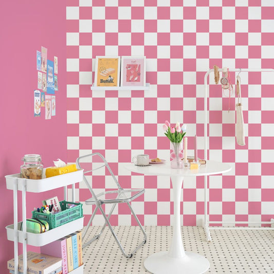 はがせる壁紙 のりなしタイプ What's poppin? チェッカー L (49cm×2.5mサイズ) ピンク