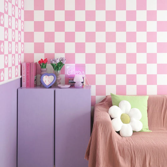 はがせる壁紙 のりなしタイプ What's poppin? チェッカー L (49cm×3mサイズ) ピーチ