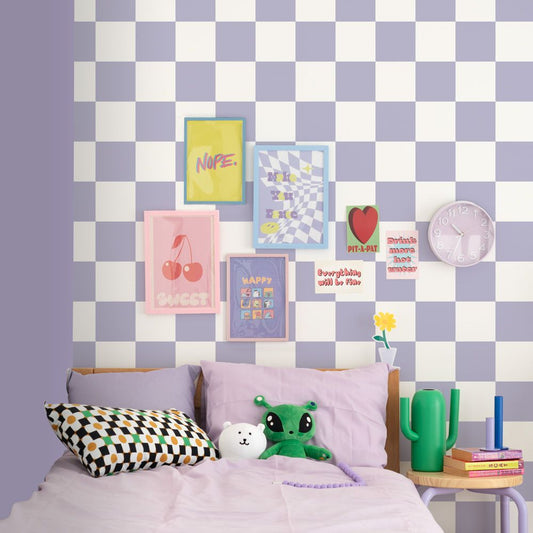 はがせる壁紙 のりなしタイプ What's poppin? チェッカー L (49cm×2.5mサイズ) パープル