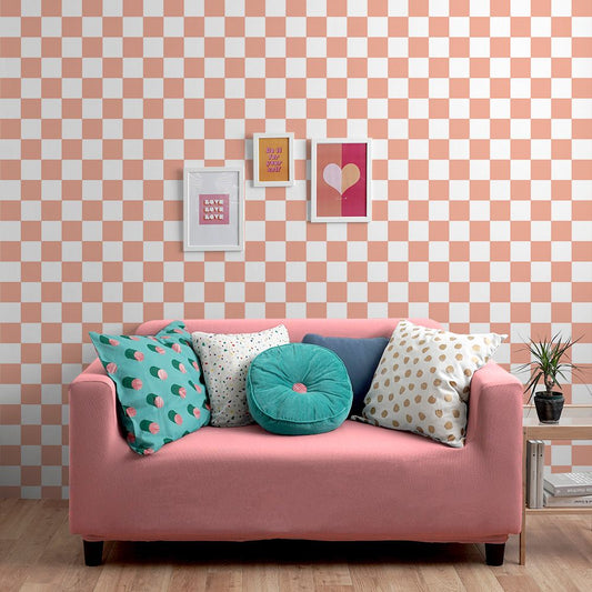 はがせる壁紙 のりなしタイプ What's poppin? チェッカー M (49cm×2.5mサイズ) サーモン