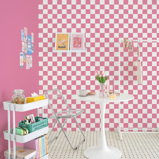 はがせる壁紙 のりなしタイプ What's poppin? チェッカー M (49cm×2.5mサイズ) ピンク