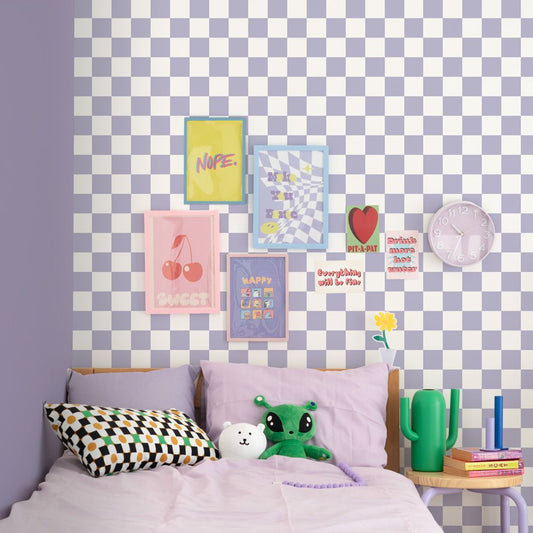 はがせる壁紙 のりなしタイプ What's poppin? チェッカー M (49cm×3mサイズ) パープル