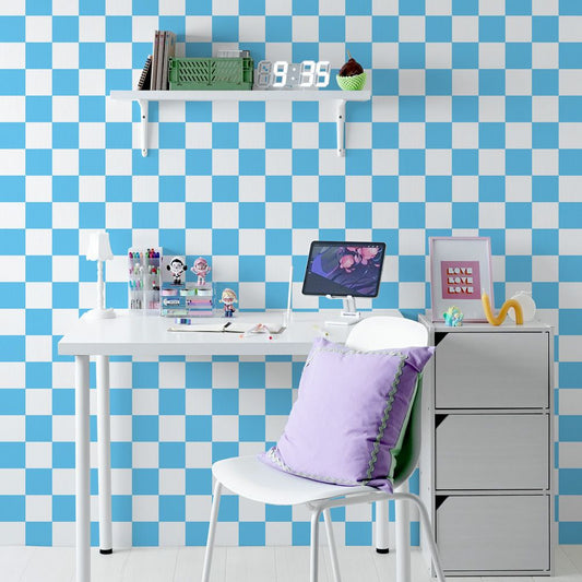 はがせる壁紙 のりなしタイプ What's poppin? チェッカー M (49cm×2.5mサイズ) スカイ