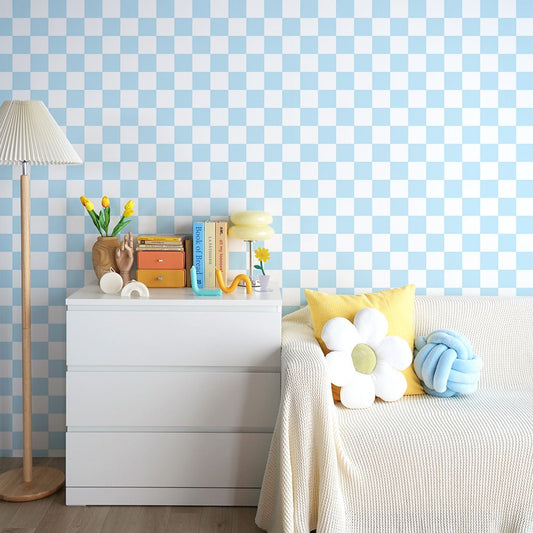 はがせる壁紙 のりなしタイプ What's poppin? チェッカー M (49cm×3mサイズ) ライトブルー