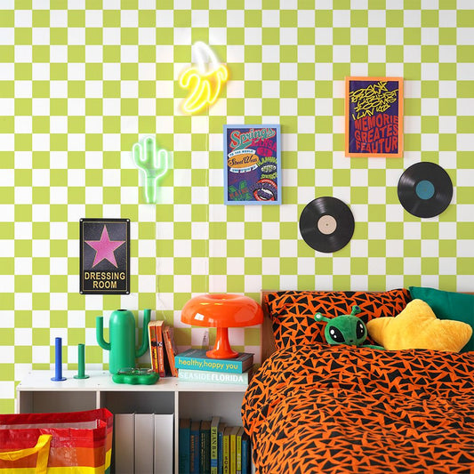 はがせる壁紙 のりなしタイプ What's poppin? チェッカー M (49cm×2.5mサイズ) ライム