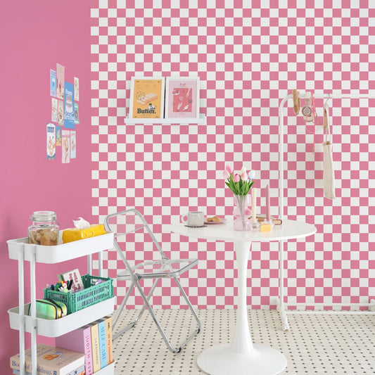 はがせる壁紙 のりなしタイプ What's poppin? チェッカー S (49cm×3mサイズ) ピンク