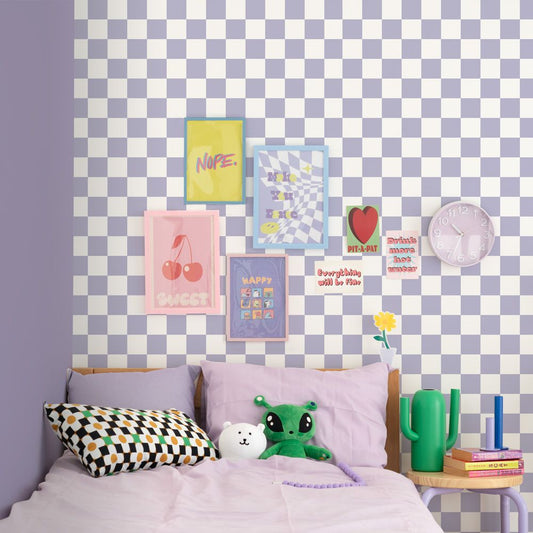 はがせる壁紙 のりなしタイプ What's poppin? チェッカー S (49cm×3mサイズ) パープル