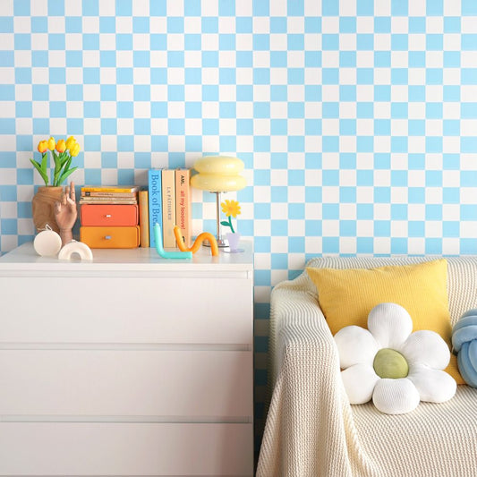 はがせる壁紙 のりなしタイプ What's poppin? チェッカー S (49cm×3mサイズ) ライトブルー