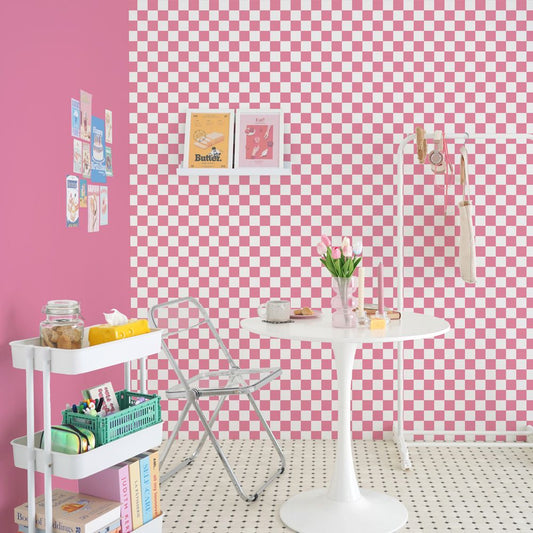 はがせる壁紙 のりなしタイプ What's poppin? チェッカー XS (49cm×2.5mサイズ) ピンク