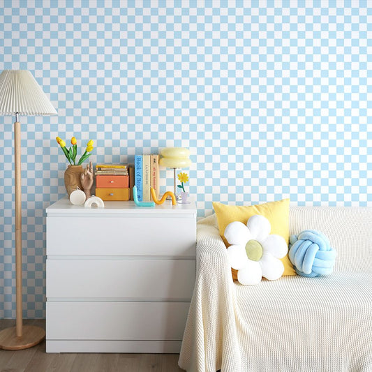 はがせる壁紙 のりなしタイプ What's poppin? チェッカー XS (49cm×2.5mサイズ) ライトブルー