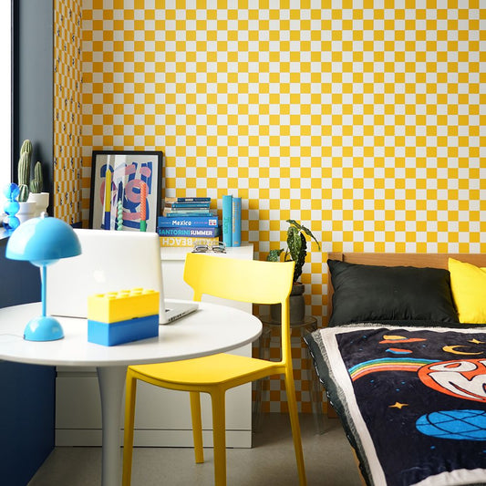 はがせる壁紙 のりなしタイプ What's poppin? チェッカー XS (49cm×3mサイズ) クロムイエロー