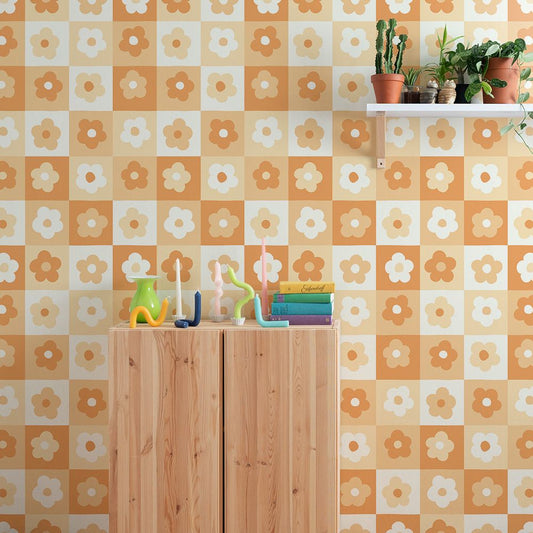 はがせる壁紙 のりなしタイプ What's poppin? デイジーブロック (49cm×3mサイズ) オレンジピール