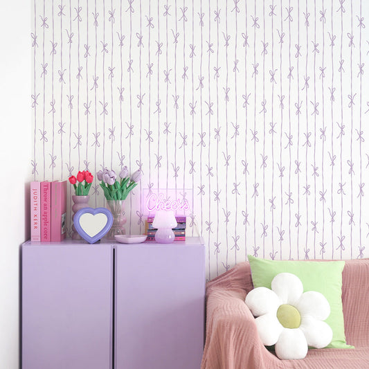 はがせる壁紙 のりなしタイプ What's poppin? リボンストライプ ナチュラル (49cm×2.5mサイズ) ラベンダー