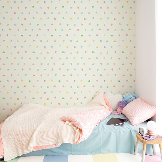 貼りやすいフリース壁紙 のりなしタイプ What's poppin? ストロベリードロップ レインボーベリー / グリーン